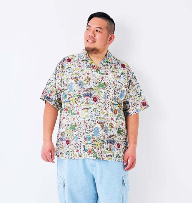 大きいサイズ KRIFF MAYER かるさらエアー 総柄 プリント 開襟 半袖シャツ ナチュラル(ヒッピー柄) 3L 4L 5L 6L 8L/1277-5260-1-79
