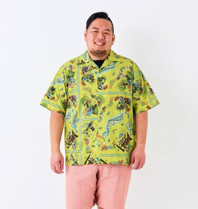 大きいサイズ KRIFF MAYER かるさらエアー 総柄 プリント 開襟 半袖シャツ イエロー(マップ柄) 3L 4L 5L 6L 8L/1277-5260-3-79