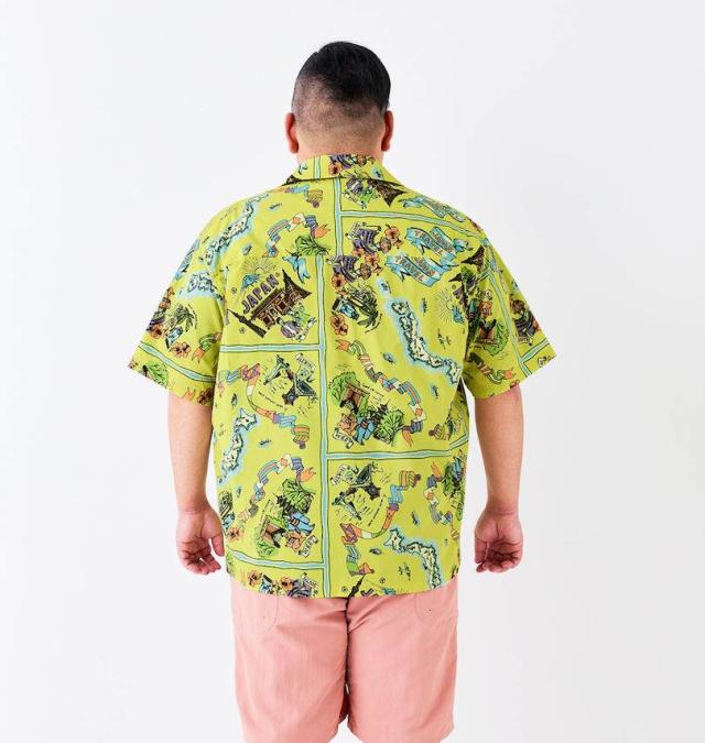 大きいサイズ KRIFF MAYER かるさらエアー 総柄 プリント 開襟 半袖シャツ イエロー(マップ柄) 3L 4L 5L 6L 8L/1277-5260-3-79