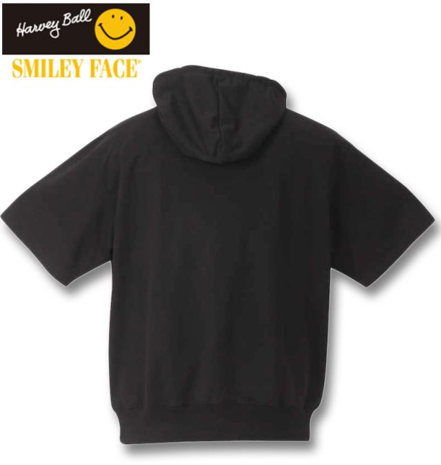 大きいサイズ SMILEY FACE リメイクカレッジ半袖フルジップパーカー ブラック 3L 4L 5L 6L/1278-2247-2-79