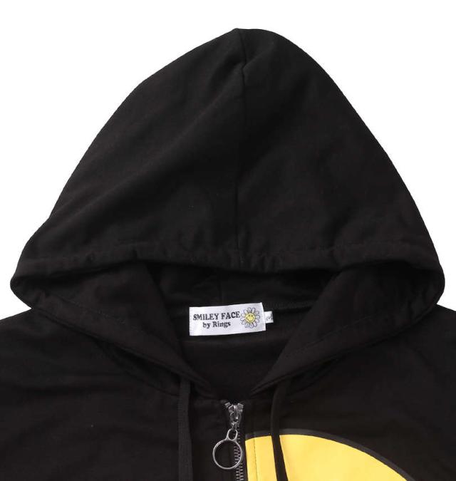 大きいサイズ SMILEY FACE リメイクカレッジ半袖フルジップパーカー ブラック 3L 4L 5L 6L/1278-2247-2-79