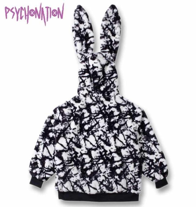大きいサイズ PSYCHO NATION うさ耳 チェーン付 フード ファー ブルゾン ホワイト×ブラック 3L 4L 5L 6L/1278-4306-1-188