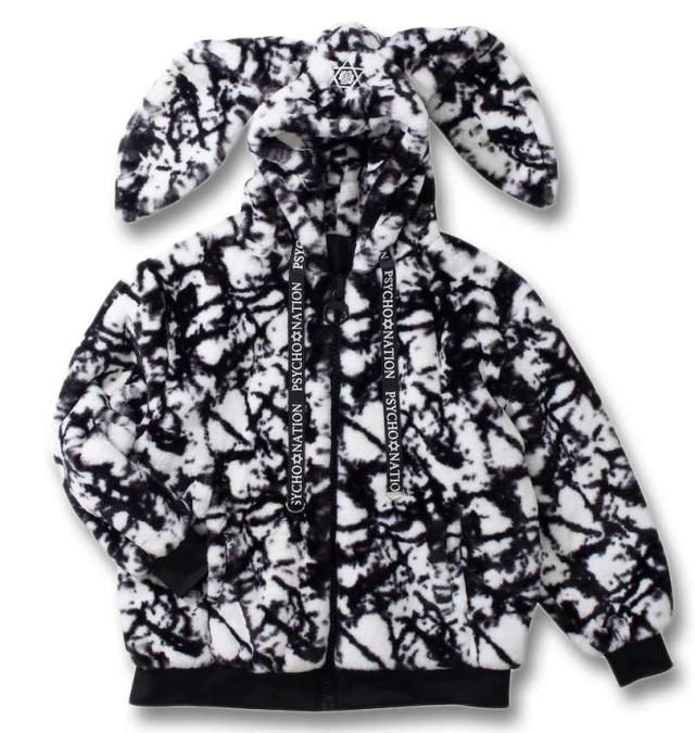 大きいサイズ PSYCHO NATION うさ耳 チェーン付 フード ファー ブルゾン ホワイト×ブラック 3L 4L 5L 6L/1278-4306-1-188