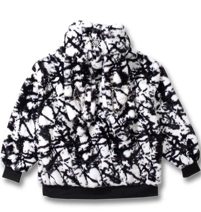大きいサイズ PSYCHO NATION うさ耳 チェーン付 フード ファー ブルゾン ホワイト×ブラック 3L 4L 5L 6L/1278-4306-1-188