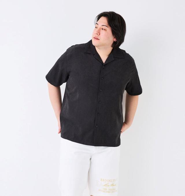 大きいサイズ in the attic 刺繍 ポリピーチ 半袖シャツ ブラック 3L 4L 5L 6L/1257-5200-2-89