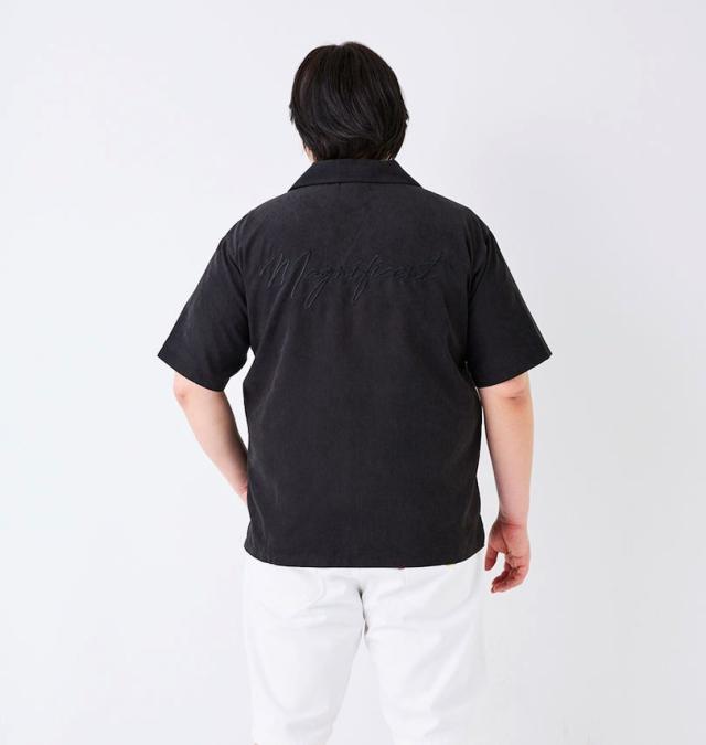 大きいサイズ in the attic 刺繍 ポリピーチ 半袖シャツ ブラック 3L 4L 5L 6L/1257-5200-2-89