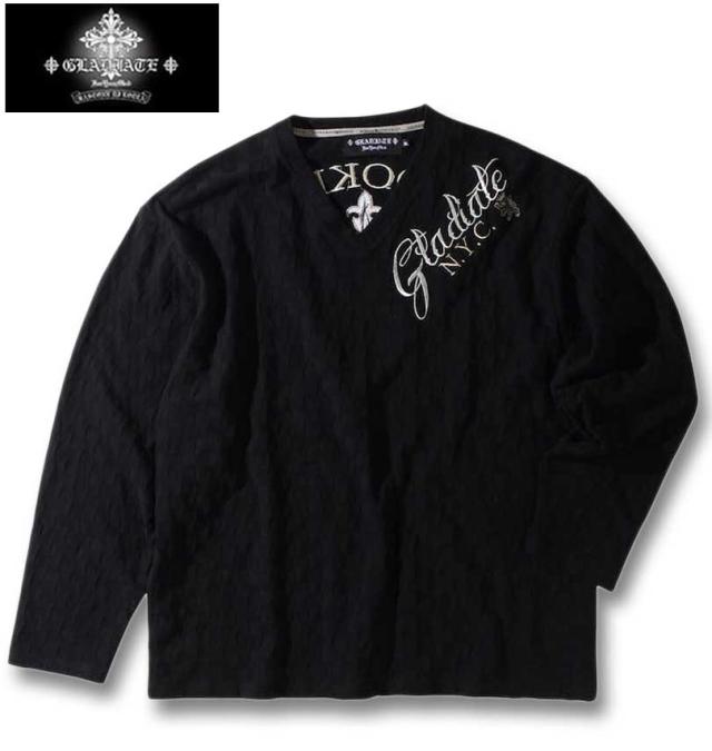 大きいサイズ GLADIATE 刺繍 ブロックジャガード 長袖 VネックTシャツ ブラック 3L 4L 5L 6L/1258-3340-2-89