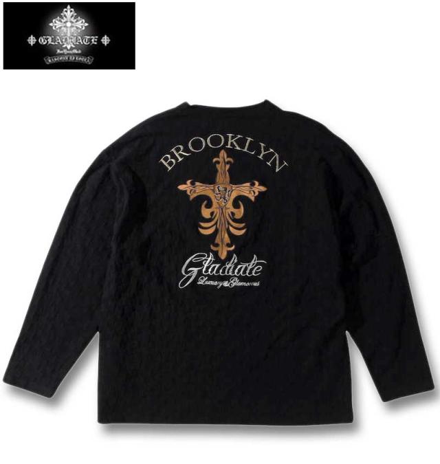 大きいサイズ GLADIATE 刺繍 ブロックジャガード 長袖 VネックTシャツ ブラック 3L 4L 5L 6L/1258-3340-2-89