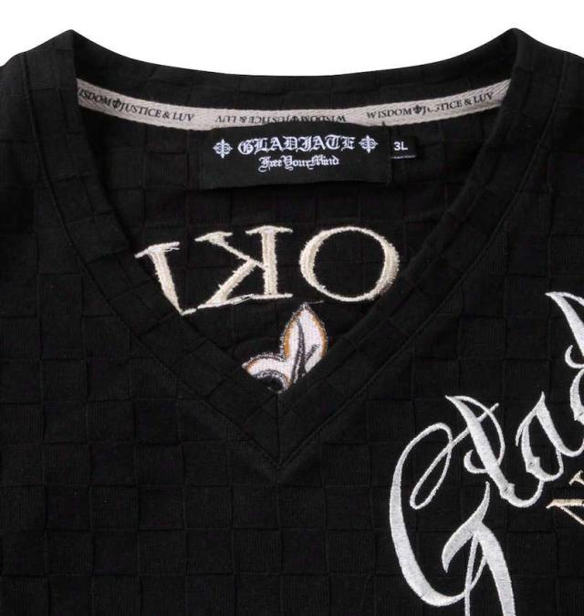 大きいサイズ GLADIATE 刺繍 ブロックジャガード 長袖 VネックTシャツ ブラック 3L 4L 5L 6L/1258-3340-2-89