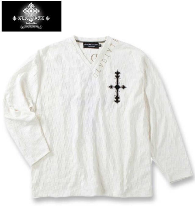 大きいサイズ GLADIATE 刺繍 ブロックジャガード 長袖 Vネック Tシャツ ホワイト 3L 4L 5L 6L/1258-4360-1-89