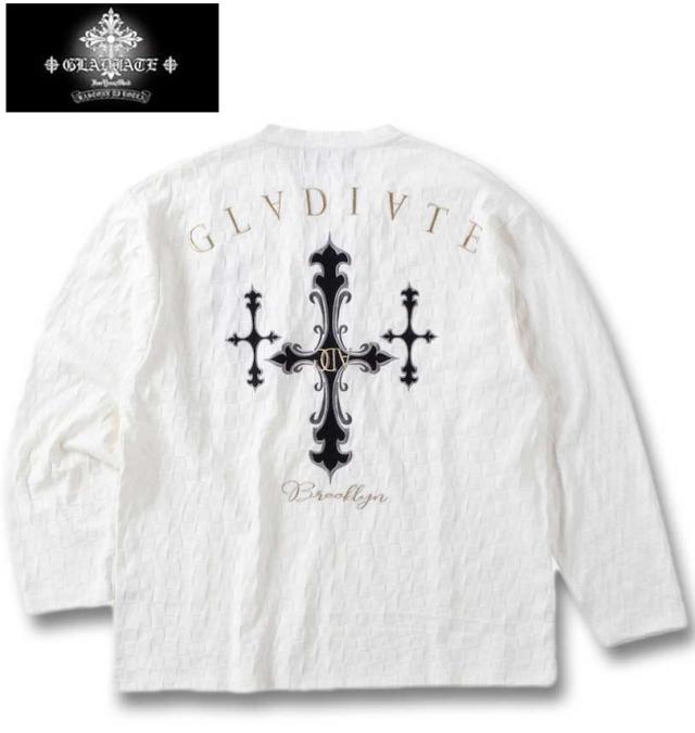 大きいサイズ GLADIATE 刺繍 ブロックジャガード 長袖 Vネック Tシャツ ホワイト 3L 4L 5L 6L/1258-4360-1-89