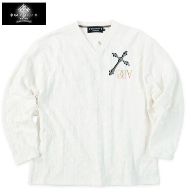 大きいサイズ GLADIATE 刺繍 ブロックジャガード 長袖 Vネック Tシャツ ホワイト 3L 4L 5L 6L/1258-5330-1-89