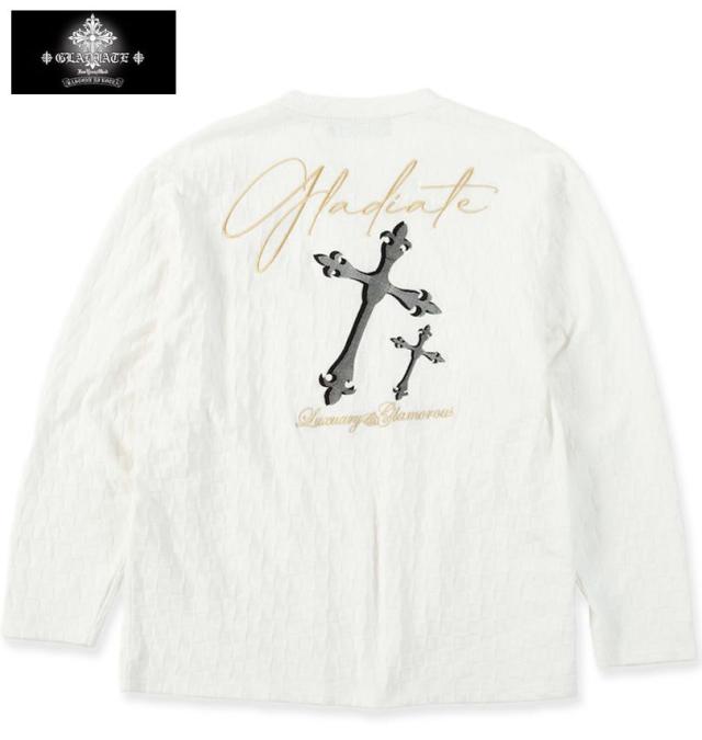 大きいサイズ GLADIATE 刺繍 ブロックジャガード 長袖 Vネック Tシャツ ホワイト 3L 4L 5L 6L/1258-5330-1-89