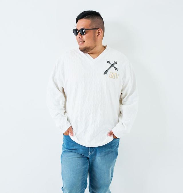 大きいサイズ GLADIATE 刺繍 ブロックジャガード 長袖 Vネック Tシャツ ホワイト 3L 4L 5L 6L/1258-5330-1-89