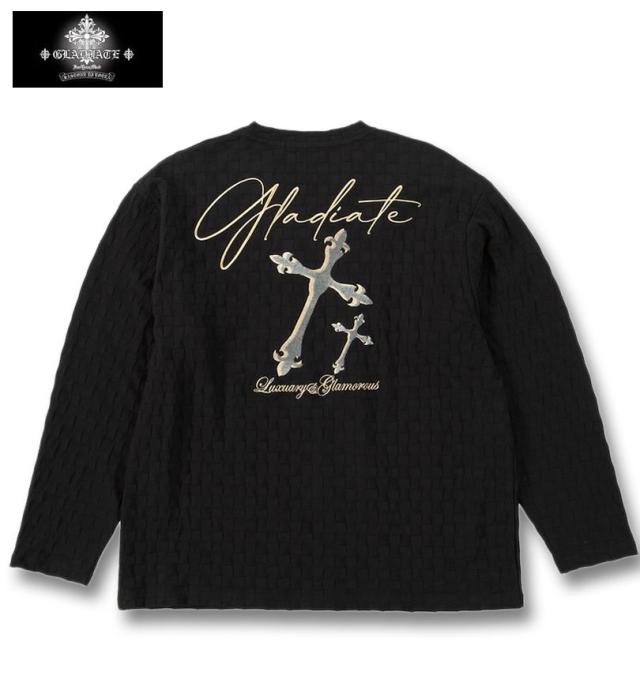 大きいサイズ GLADIATE 刺繍 ブロックジャガード 長袖 Vネック Tシャツ ブラック 3L 4L 5L 6L/1258-5330-2-89