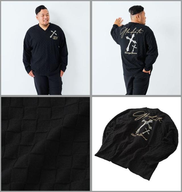 大きいサイズ GLADIATE 刺繍 ブロックジャガード 長袖 Vネック Tシャツ ブラック 3L 4L 5L 6L/1258-5330-2-89
