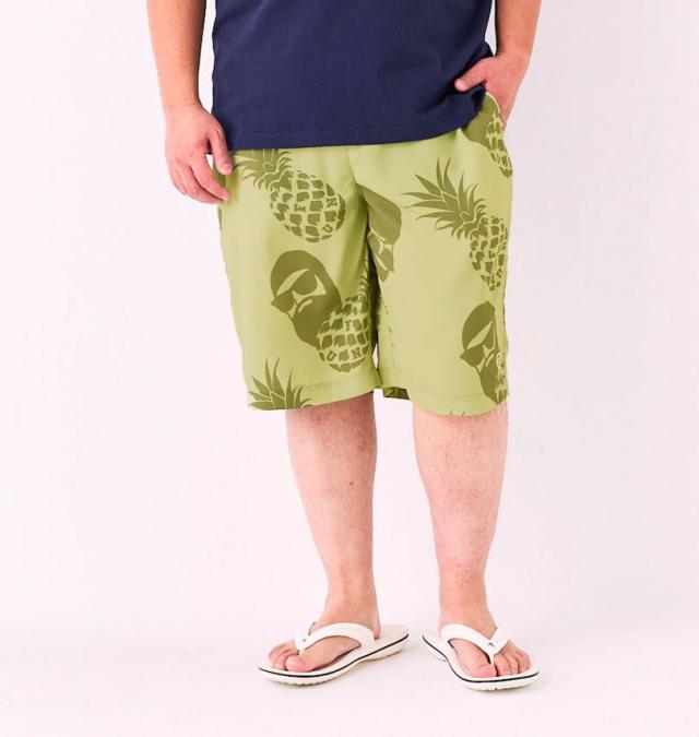 大きいサイズ FUN for modemdesign PINEAPPLE OJI柄 アロハ ショーツ ベージュ×オリーブ 3L 4L 5L 6L 8L/1274-5540-1-89