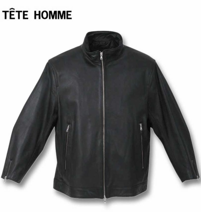 大きいサイズ TETE HOMME スタンドカラー レザーブルゾン ブラック 3L 4L 5L 6L/1273-3355-2-690