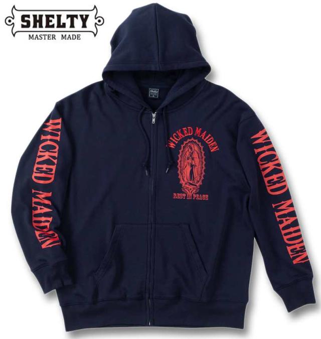 大きいサイズ SHELTY 裏毛 刺繍&プリント フルジップ パーカー ネイビー 3L 4L 5L 6L/1268-4311-1-98