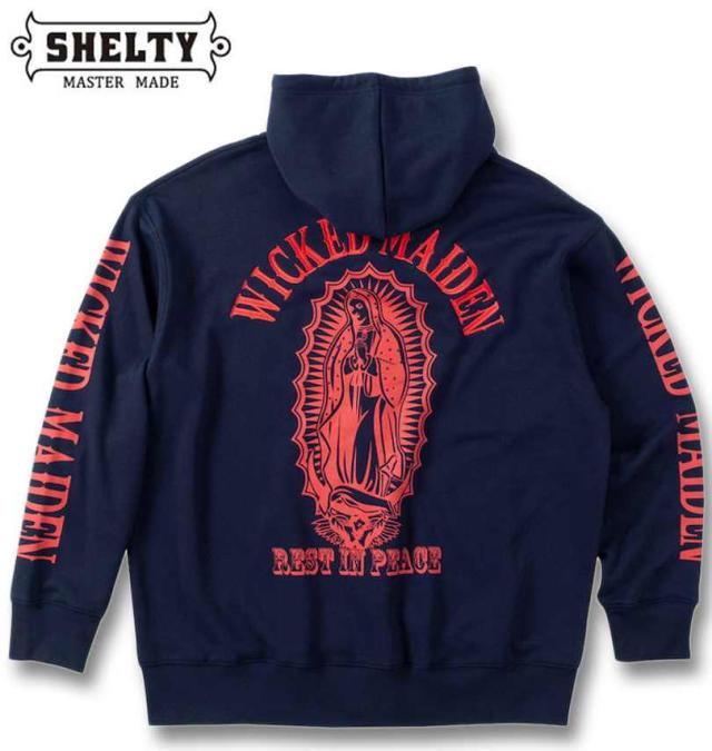 大きいサイズ SHELTY 裏毛 刺繍&プリント フルジップ パーカー ネイビー 3L 4L 5L 6L/1268-4311-1-98