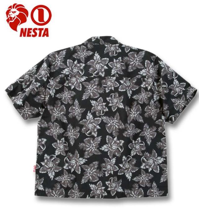 大きいサイズ NESTA BRAND ボタニカル柄 オープンカラー 半袖シャツ ブラック 3L 4L 5L 6L 8L/1277-5216-2-98