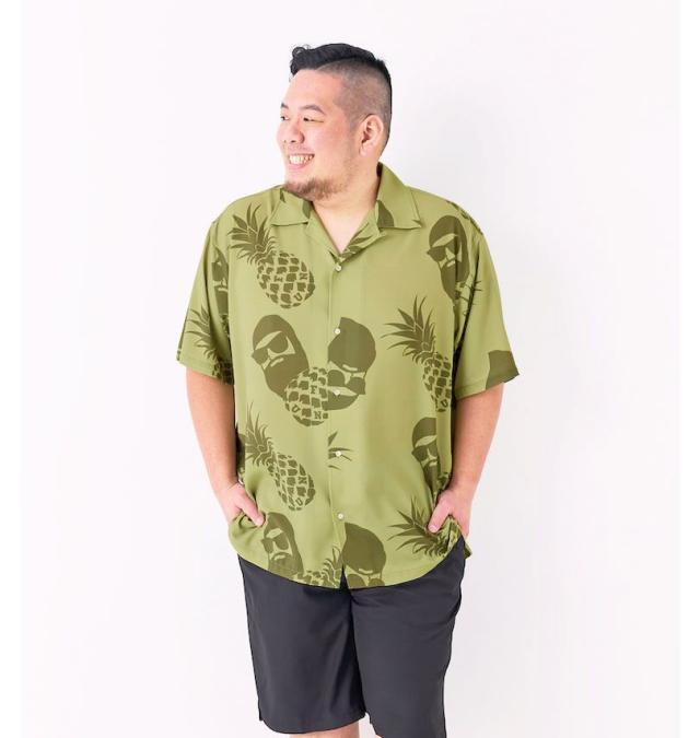 大きいサイズ FUN for modemdesign PINEAPPLE OJI柄 半袖 アロハシャツ ベージュ×オリーブ 3L 4L 5L 6L 8L/1277-5275-1-98