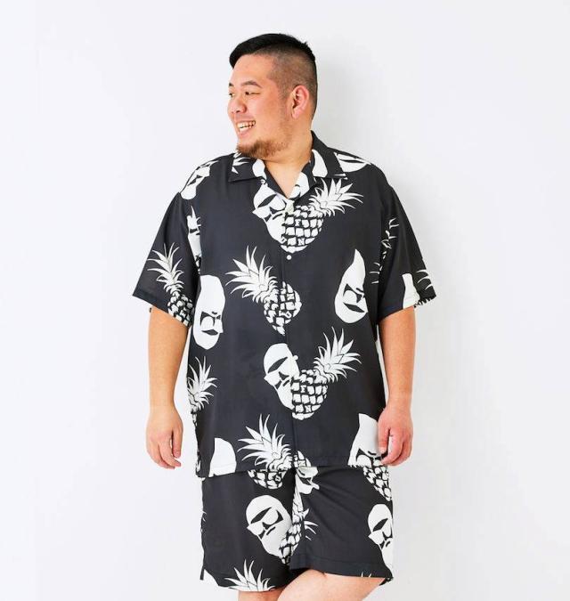 大きいサイズ FUN for modemdesign PINEAPPLE OJI柄 半袖 アロハシャツ ブラック×ホワイト 3L 4L 5L 6L 8L/1277-5275-2-98