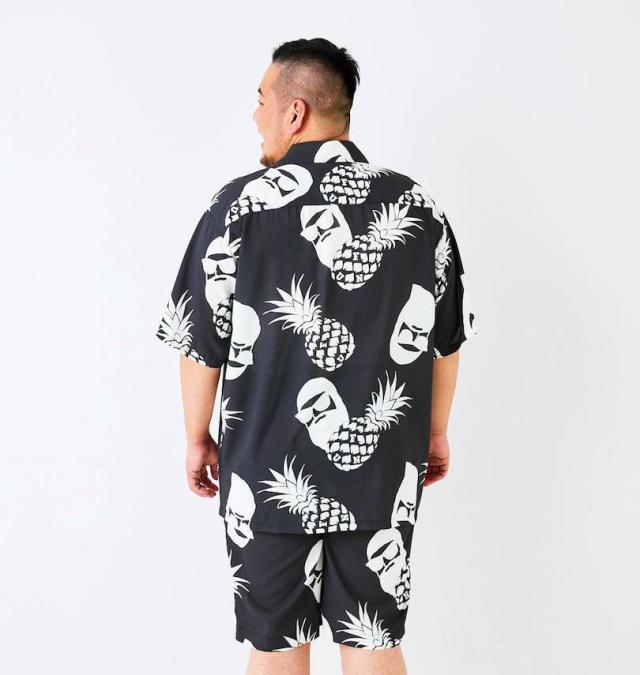 大きいサイズ FUN for modemdesign PINEAPPLE OJI柄 半袖 アロハシャツ ブラック×ホワイト 3L 4L 5L 6L 8L/1277-5275-2-98