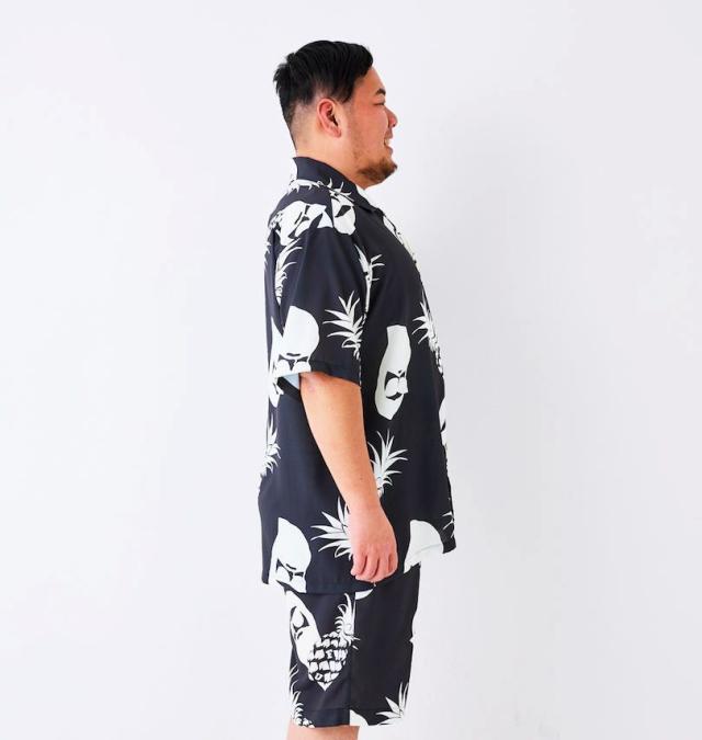 大きいサイズ FUN for modemdesign PINEAPPLE OJI柄 半袖 アロハシャツ ブラック×ホワイト 3L 4L 5L 6L 8L/1277-5275-2-98