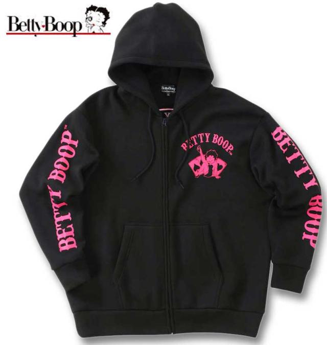 大きいサイズ BETTY BOOP ニットフリース 刺繍&プリント フルジップパーカー ブラック×ピンク 3L 4L 5L 6L/1278-3621-2-98