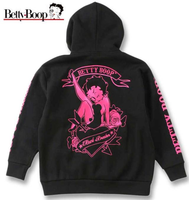 大きいサイズ BETTY BOOP ニットフリース 刺繍&プリント フルジップパーカー ブラック×ピンク 3L 4L 5L 6L/1278-3621-2-98