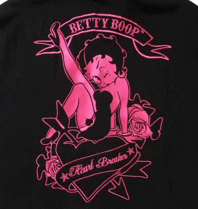 大きいサイズ BETTY BOOP ニットフリース 刺繍&プリント フルジップパーカー ブラック×ピンク 3L 4L 5L 6L/1278-3621-2-98