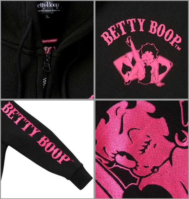 大きいサイズ BETTY BOOP ニットフリース 刺繍&プリント フルジップパーカー ブラック×ピンク 3L 4L 5L 6L/1278-3621-2-98