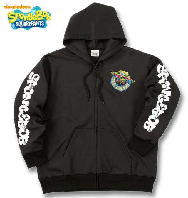 大きいサイズ SPONGEBOB ダンボールニット プリント フルジップ パーカー ブラック 3L 4L 5L 6L/1278-5626-2-98