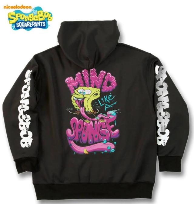 大きいサイズ SPONGEBOB ダンボールニット プリント フルジップ パーカー ブラック 3L 4L 5L 6L/1278-5626-2-98