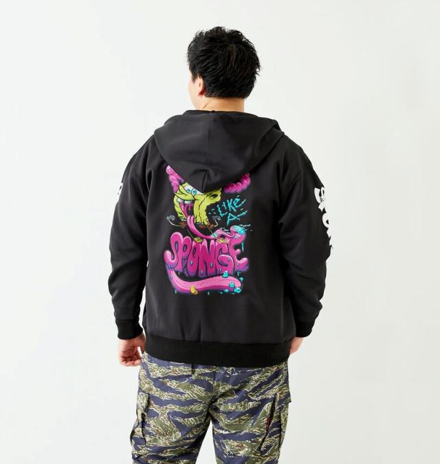 大きいサイズ SPONGEBOB ダンボールニット プリント フルジップ パーカー ブラック 3L 4L 5L 6L/1278-5626-2-98