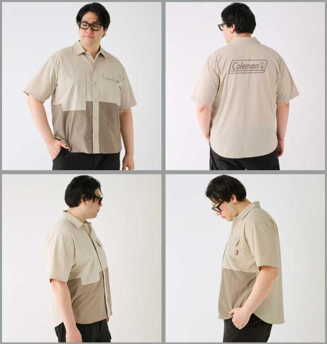 大きいサイズ Coleman ストレッチナイロン リップストップ バイカラー 半袖シャツ ベージュ 3L 4L 5L 6L 7L 8L/1277-4270-1-99