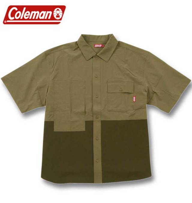 大きいサイズ Coleman ストレッチナイロン リップストップ バイカラー 半袖シャツ カーキ 3L 4L 5L 6L 7L 8L/1277-4270-2-99