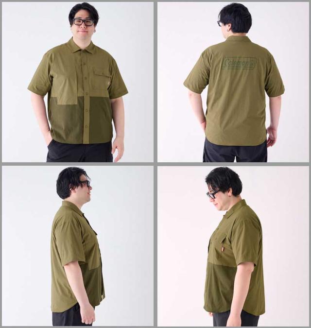 大きいサイズ Coleman ストレッチナイロン リップストップ バイカラー 半袖シャツ カーキ 3L 4L 5L 6L 7L 8L/1277-4270-2-99