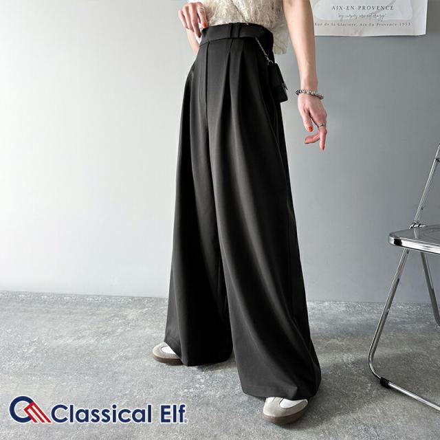 クラシカルエルフ春新作 ボトムス パンツ レディース サイドベルトデザイン 3タック ストレッチ スラックス ウエスト後ろゴム仕様 スタイルアップ 大きいサイズ 2026ss  ce1020228