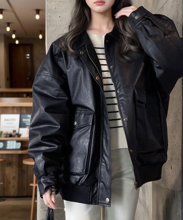 冬新作 クラシカルエルフ レディース 体型カバー《javaコラボ》アウター ジャケット フェイクレザー ヴィンテージ オーバー ブルゾン  大きいサイズ  jv1070011