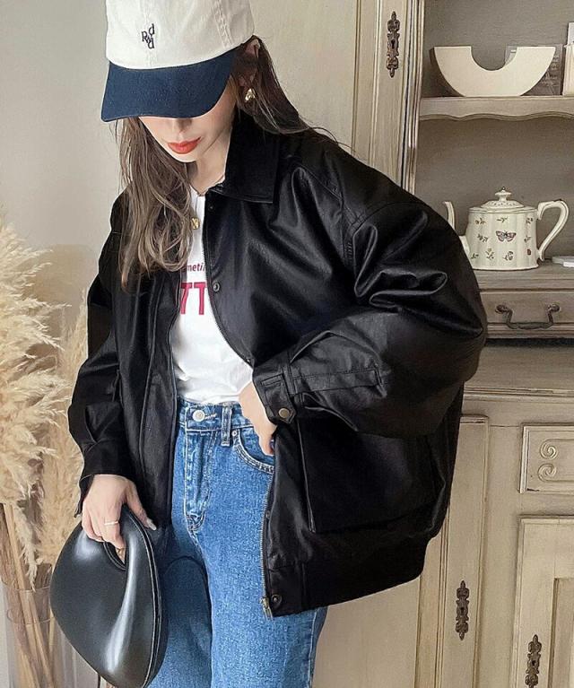 冬新作 クラシカルエルフ レディース 体型カバー《javaコラボ》アウター ジャケット フェイクレザー ヴィンテージ オーバー ブルゾン  大きいサイズ  jv1070011