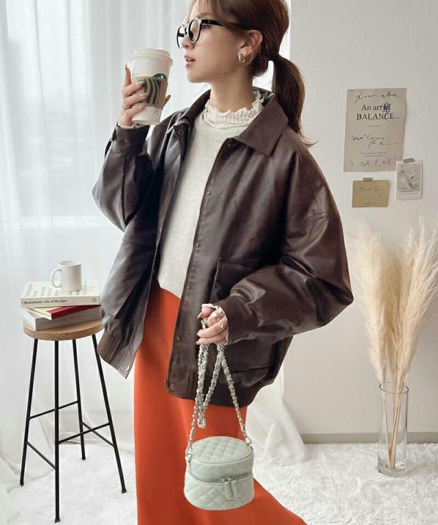 冬新作 クラシカルエルフ レディース 体型カバー《javaコラボ》アウター ジャケット フェイクレザー ヴィンテージ オーバー ブルゾン  大きいサイズ  jv1070011