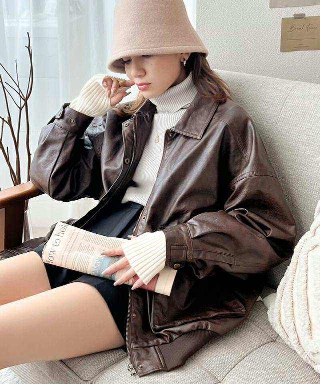 冬新作 クラシカルエルフ レディース 体型カバー《javaコラボ》アウター ジャケット フェイクレザー ヴィンテージ オーバー ブルゾン  大きいサイズ  jv1070011