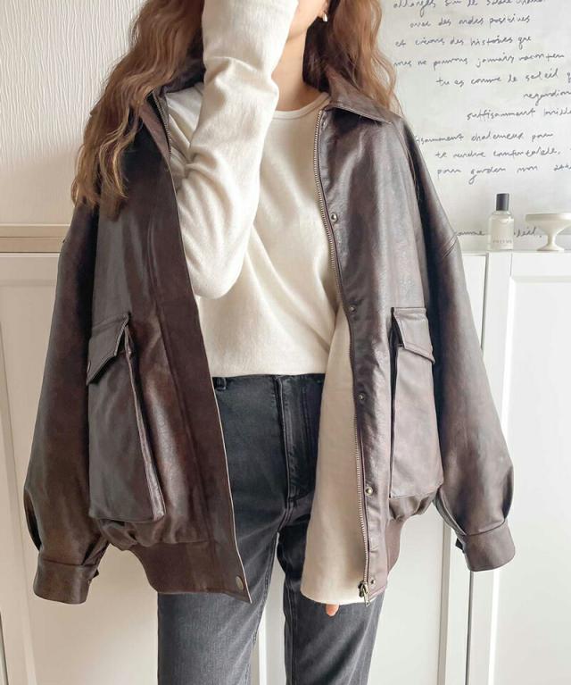 冬新作 クラシカルエルフ レディース 体型カバー《javaコラボ》アウター ジャケット フェイクレザー ヴィンテージ オーバー ブルゾン  大きいサイズ  jv1070011