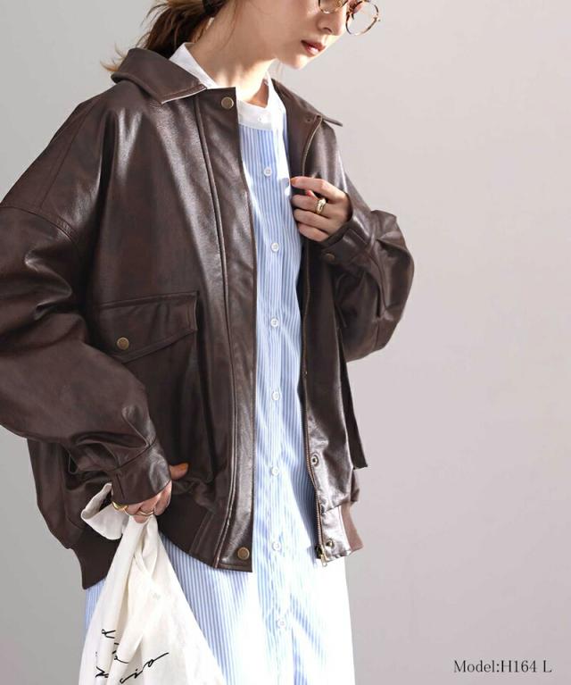 冬新作 クラシカルエルフ レディース 体型カバー《javaコラボ》アウター ジャケット フェイクレザー ヴィンテージ オーバー ブルゾン  大きいサイズ  jv1070011