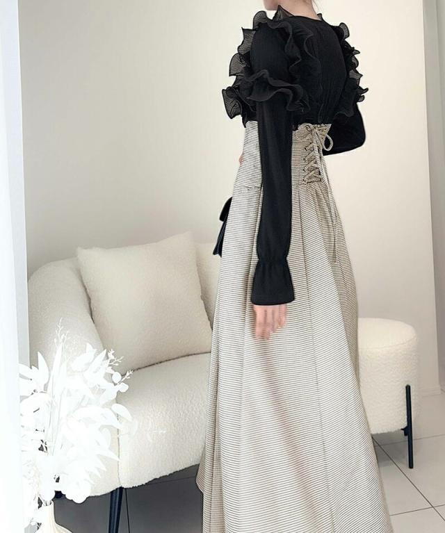 クラシカルエルフ冬新作 mily bilet ワンピース レディース プリーツ フリル 使い リブ カットソー ドッキング コルセット ワンピ スタイルアップ 高見え ロング丈 ロングシーズン 大きいサイズ  2024aw  mi1139053の通販は