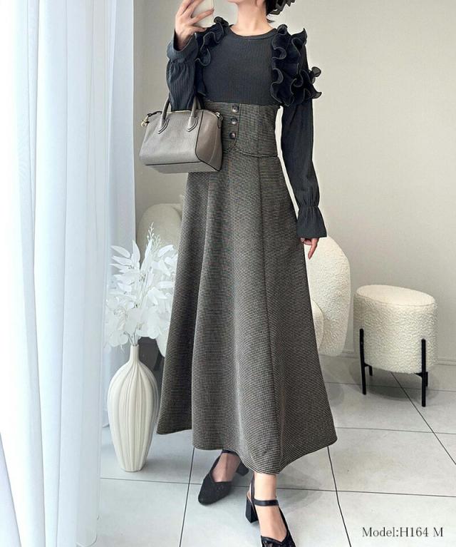 クラシカルエルフ冬新作 mily bilet ワンピース レディース プリーツ フリル 使い リブ カットソー ドッキング コルセット ワンピ スタイルアップ 高見え ロング丈 ロングシーズン 大きいサイズ  2024aw  mi1139053の通販は