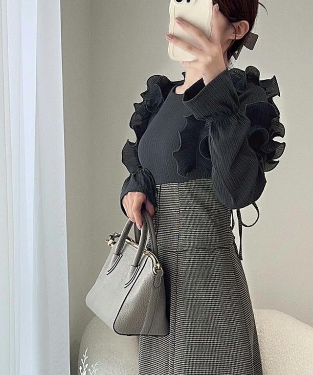 クラシカルエルフ冬新作 mily bilet ワンピース レディース プリーツ フリル 使い リブ カットソー ドッキング コルセット ワンピ スタイルアップ 高見え ロング丈 ロングシーズン 大きいサイズ  2024aw  mi1139053の通販は