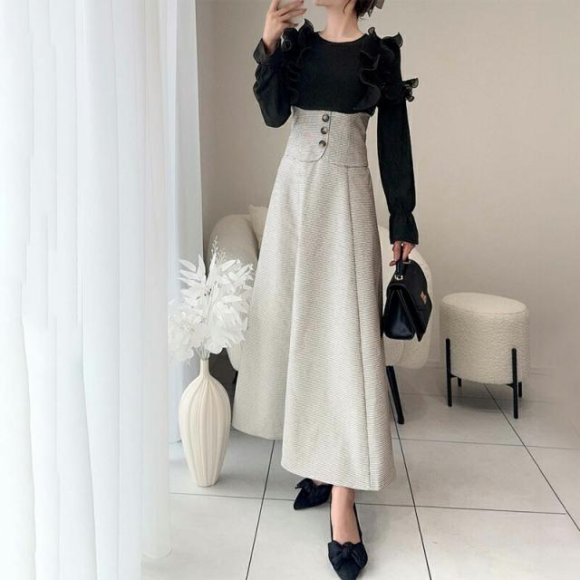 クラシカルエルフ冬新作 mily bilet ワンピース レディース プリーツ フリル 使い リブ カットソー ドッキング コルセット ワンピ スタイルアップ 高見え ロング丈 ロングシーズン 大きいサイズ  2024aw  mi1139053の通販は